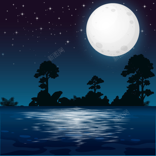 湖上的满月之夜矢量图ai免抠素材_新图网 https://ixintu.com 中秋 十五 圆月 满月 矢量图