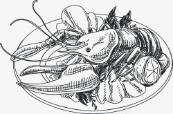 手绘大龙虾手绘盘装大龙虾海鲜线稿矢量图高清图片
