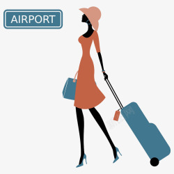 戴帽子女士时尚插画戴帽子的女士拖着行李箱高清图片