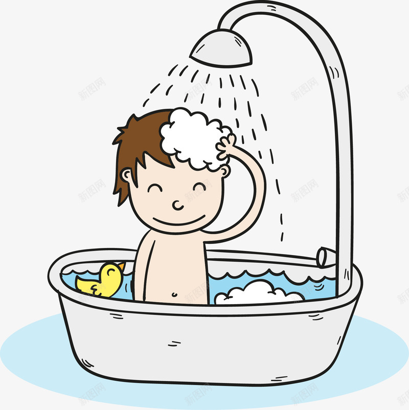 洗澡的男孩png免抠素材_新图网 https://ixintu.com 卡通男孩 小鸭子 洗澡