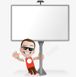 男孩站在广告牌边卡通手绘戴墨镜男孩站在广告牌矢量图高清图片