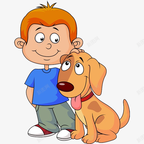 小男孩抚摸小狗的头png免抠素材_新图网 https://ixintu.com 乖巧的 卡通 可爱的 听话 小狗 小男孩 抚摸