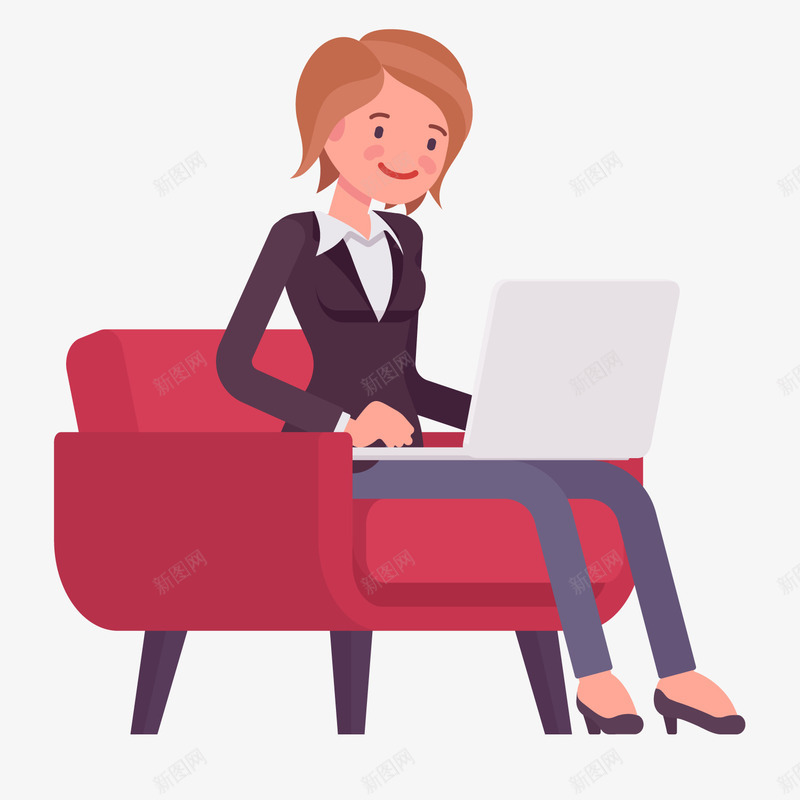 坐在沙发上商务女子png免抠素材_新图网 https://ixintu.com 卡通人物 卡通女子 商务人物 看电脑 红色沙发