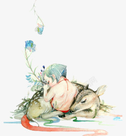 梅花鹿和雪橇png手绘小男孩和梅花鹿高清图片