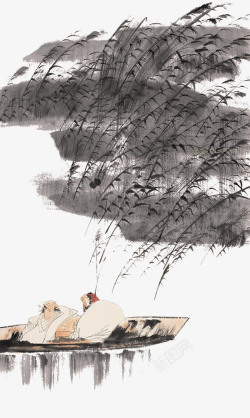 水墨中行舟在芦苇荡中中国水墨画高清图片