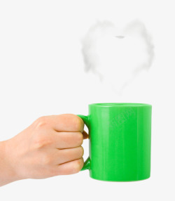 心形汽圈绿色冒热气茶杯高清图片