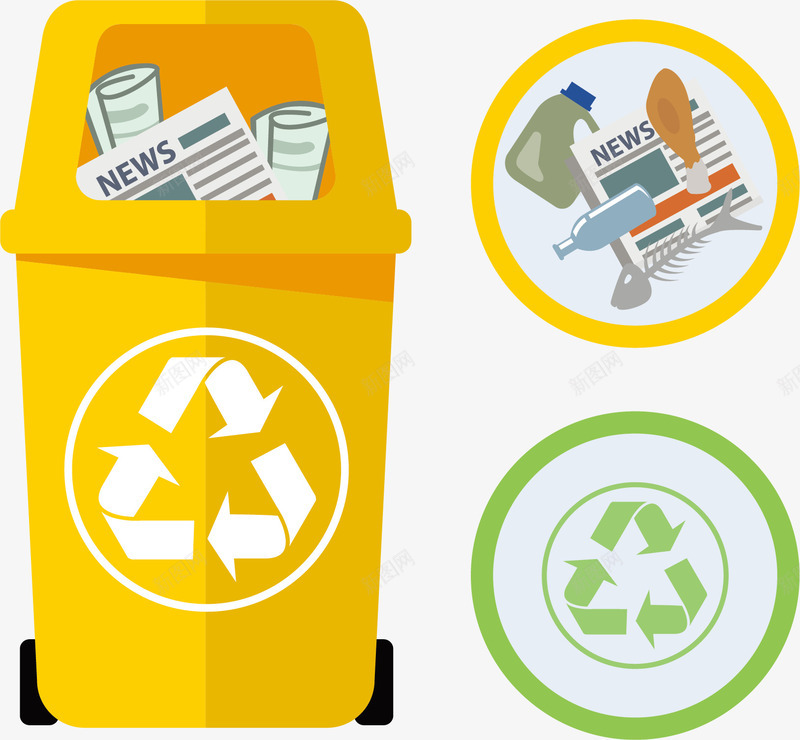 黄色可回收垃圾桶png免抠素材_新图网 https://ixintu.com 可回收 垃圾分类 垃圾桶 循环利用