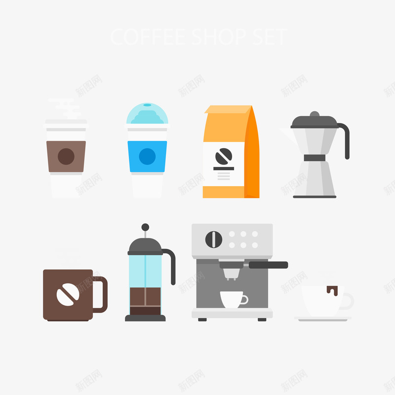 扁平咖啡设备图标png_新图网 https://ixintu.com 咖啡 咖啡壶 咖啡机 咖啡杯 咖啡海报设计 图标 手绘 棕色 海报插画 矢量图标 矢量扁平咖啡设备 设备