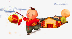 灯笼鱼新年庭院小孩插画高清图片