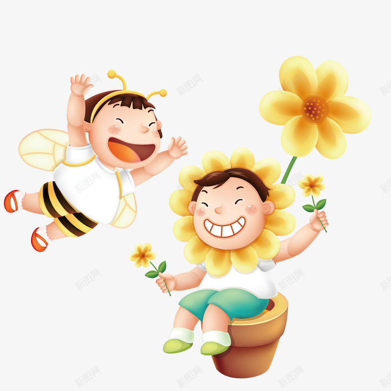 装向日葵引蜜蜂的小男孩矢量图ai免抠素材_新图网 https://ixintu.com 向日葵 男孩 蜜蜂 矢量图