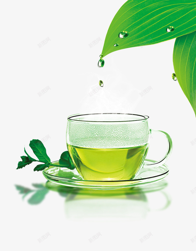 清新绿茶png免抠素材_新图网 https://ixintu.com 健康 养生茶叶 水滴 玻璃茶杯 绿叶 绿色 绿色叶子 茶杯茶几