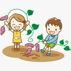 紫薯叶卡通男孩和女孩开心地拔红薯插画高清图片
