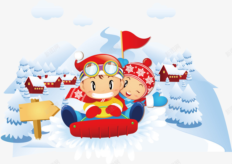 雪橇上的男孩和女孩png免抠素材_新图网 https://ixintu.com 女孩 玩耍 玩雪 男孩 雪地 雪坡 雪橇