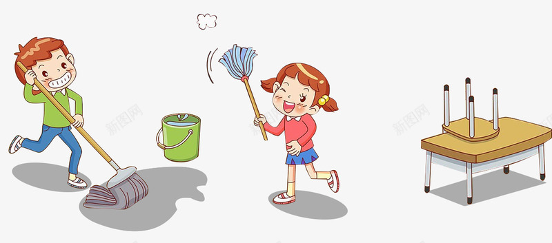 卡通学生psd免抠素材_新图网 https://ixintu.com 卡通 卡通学生 卡通男孩 女孩 打扫 打扫教室的学生打扫教室的学生 拖布 教师 课桌