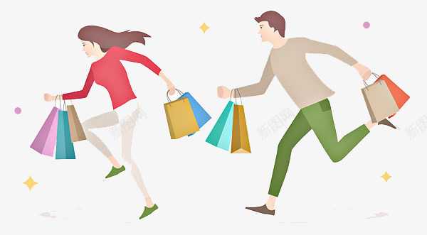 卡通购物的男女png免抠素材_新图网 https://ixintu.com 卡通 奔跑的男女 拿着购物袋的男女 星星装饰 购物的男女 购物袋
