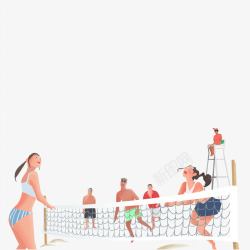 卡通手绘沙滩上玩排球的人们素材