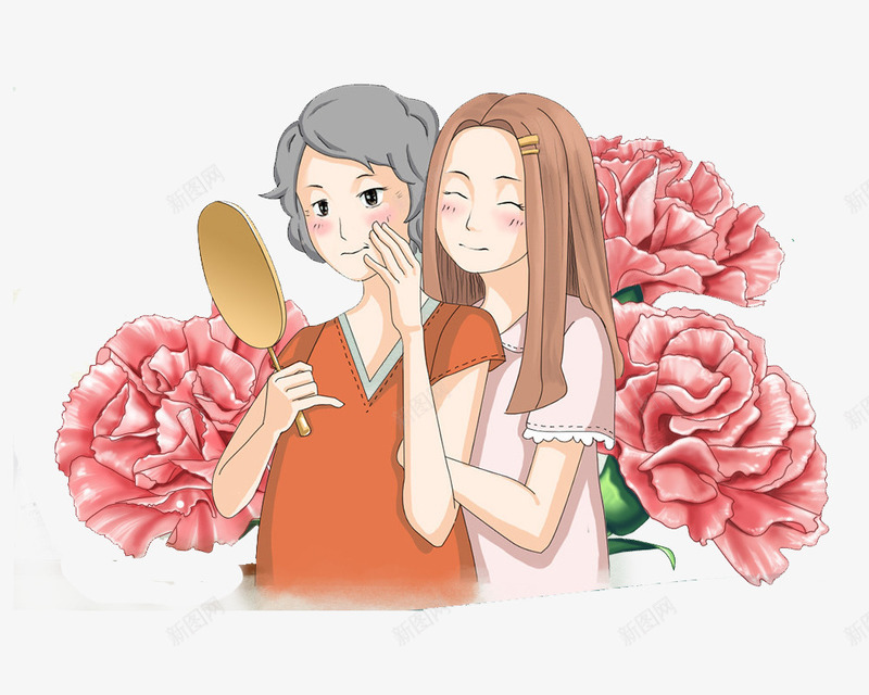 卡通手绘妈妈与女儿插画png免抠素材_新图网 https://ixintu.com 卡通 卡通人物 女儿 妈妈 康乃馨 手绘 插画 母亲 母亲节 漫画 花朵 鲜花