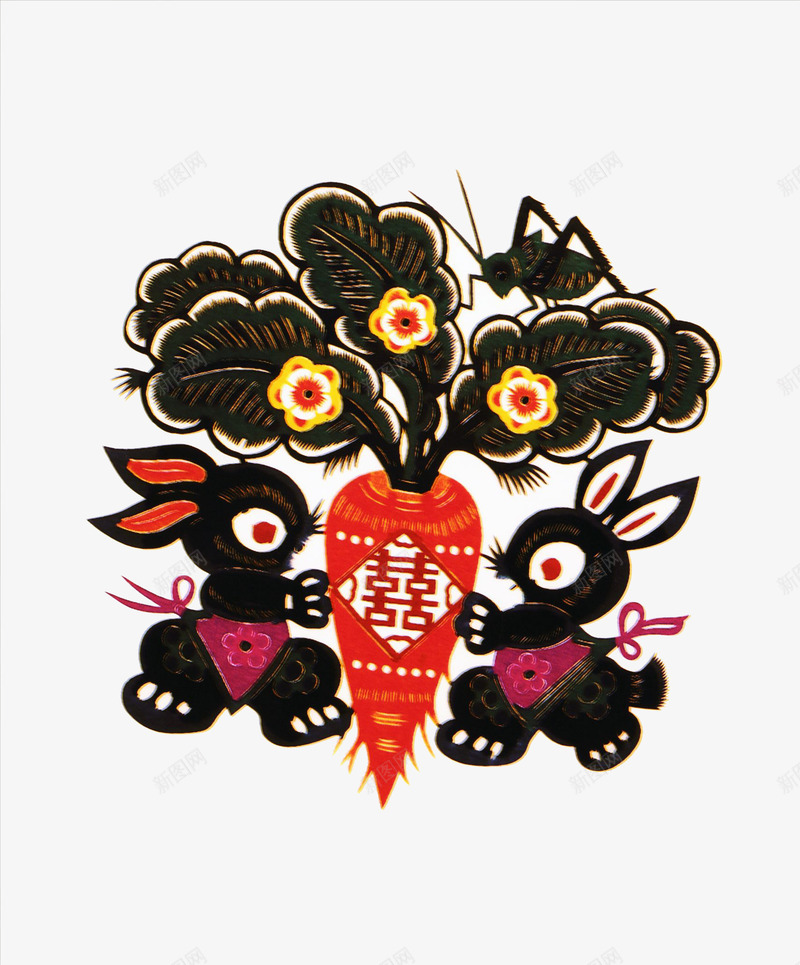 两个兔子抱萝卜png免抠素材_新图网 https://ixintu.com 兔子 创意 剪纸 双喜 吉祥寓意 喜字 红萝卜 象征 黑色