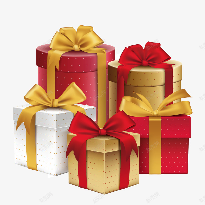 五个3D立体的礼物盒矢量图ai免抠素材_新图网 https://ixintu.com 生日 礼品 礼品盒 礼物 礼物盒 红色 节日 蝴蝶结 金色 矢量图