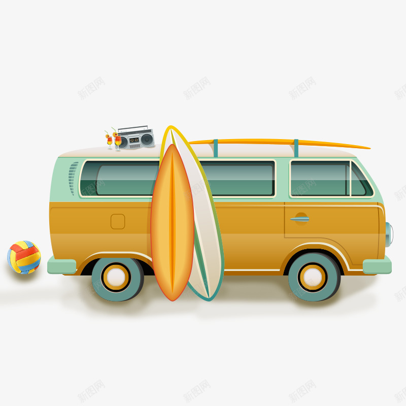 卡通沙滩小汽车png免抠素材_新图网 https://ixintu.com 排球 汽车 沙滩 滑板 音乐