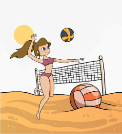 排球女孩卡通手绘在沙滩上打排球的女高清图片