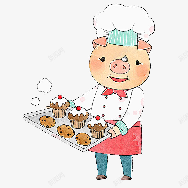 小猪烘培师png免抠素材_新图网 https://ixintu.com 卡通 小猪 手绘 棕色 甜点 白色 红色 蛋糕
