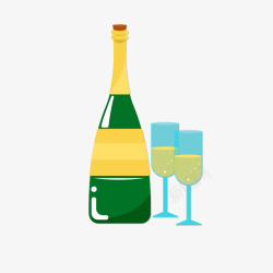 瓶装香槟黄绿色香槟和蓝色酒杯矢量图高清图片