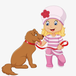 狗狗带着帽子可爱女孩拉着狗狗矢量图高清图片