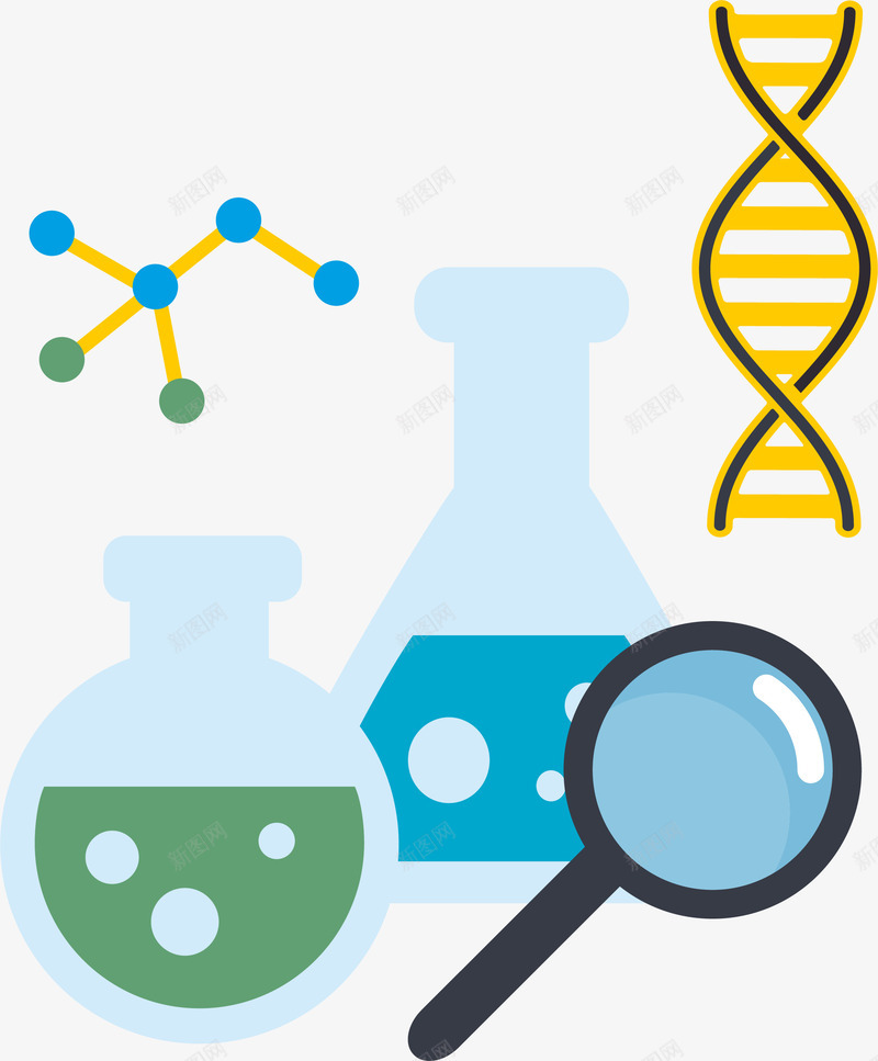 手绘卡通化学试验png免抠素材_新图网 https://ixintu.com 分子 动漫 动画 化学 卡通 手绘 放大镜 染色体 烧杯 试验