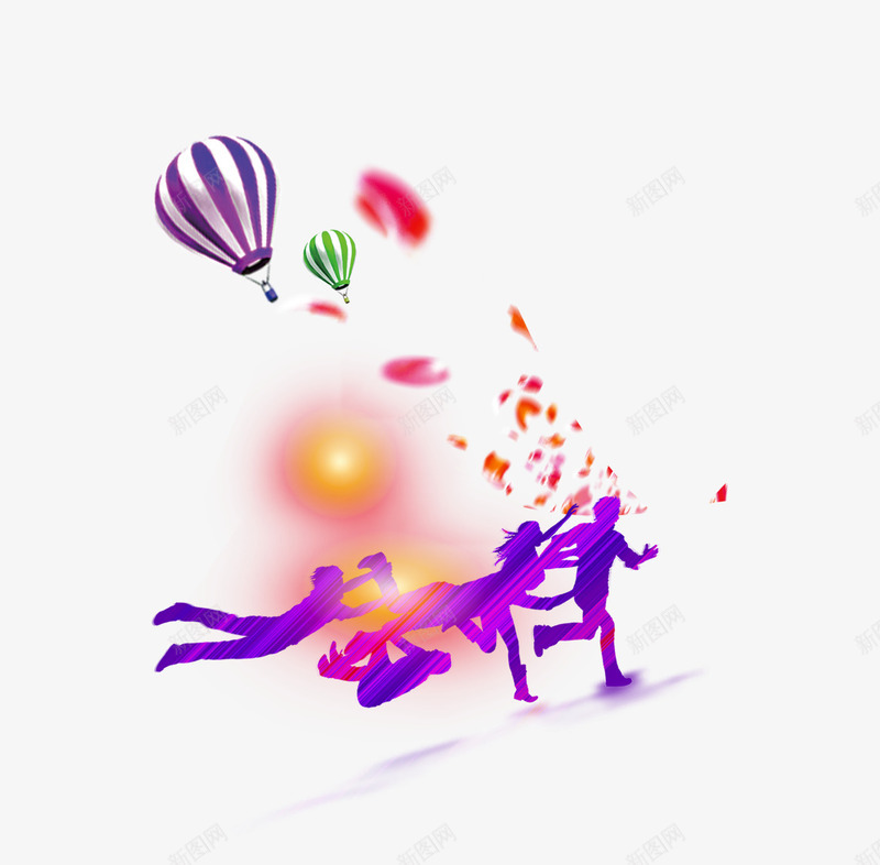 奔跑的人群psd免抠素材_新图网 https://ixintu.com 人物 剪影 彩色 气球 海报装饰 花瓣