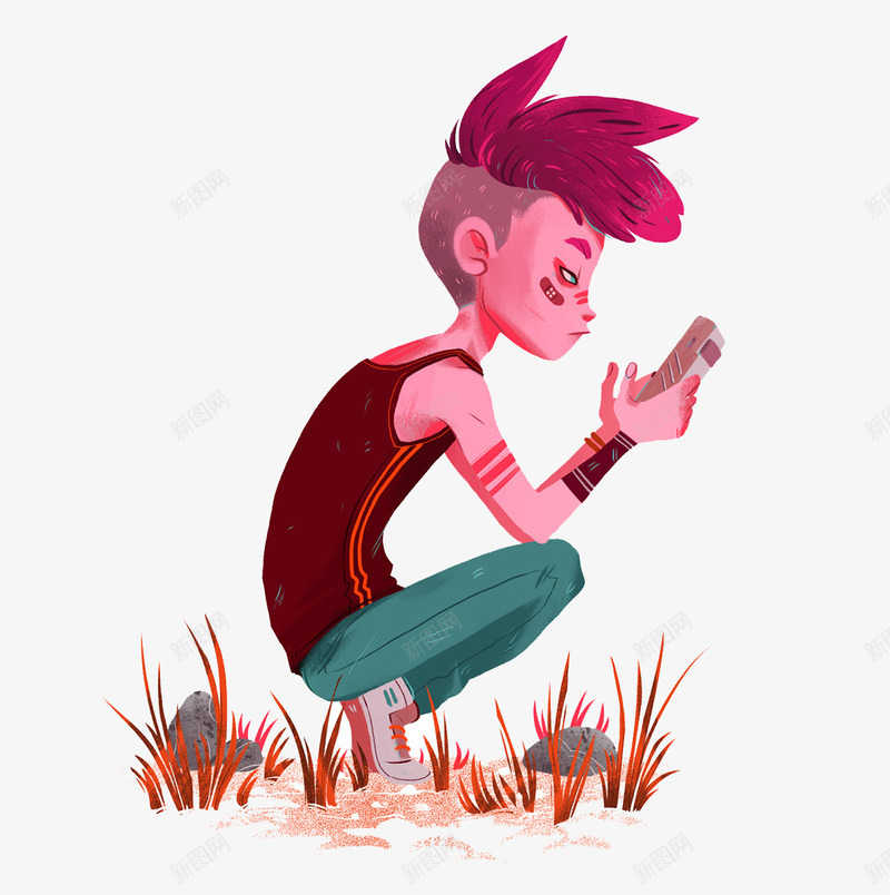 玩手机的男孩png免抠素材_新图网 https://ixintu.com 人物创意插画 玩手机的男孩 红头发的男孩插图