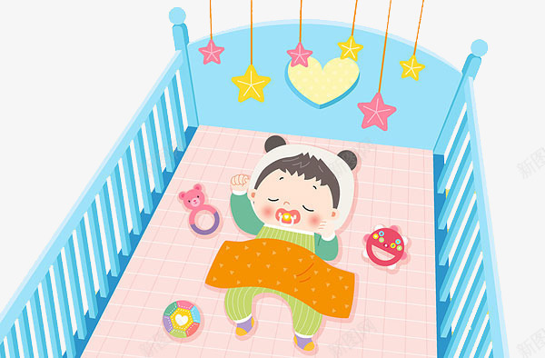 睡在婴儿床上的宝宝png免抠素材_新图网 https://ixintu.com 卡通手绘 可爱 婴儿 婴儿床 婴儿床俯视图 小毯子 玩具 闭眼睛 闭着的眼睛