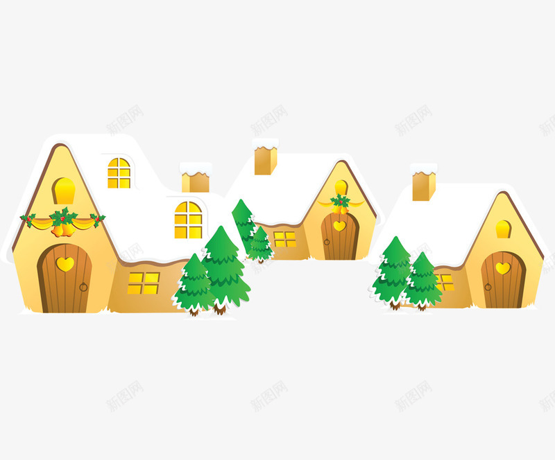圣诞雪景下的房子png免抠素材_新图网 https://ixintu.com 卡通 圣诞节 房子 手绘 松树 灯火 绿色 雪景 黄色