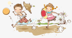 水彩海边落日插画在海边玩耍的小朋友高清图片
