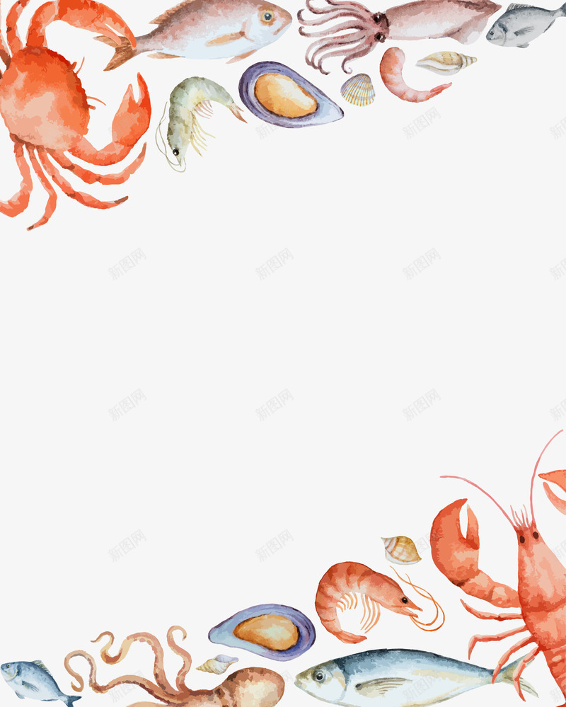 海鲜边框背景png免抠素材_新图网 https://ixintu.com 乌贼 大餐 大龙虾 庆祝 派对 海星 海鲜盛宴 螃蟹 贝壳 边框 食物