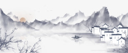 手绘文艺风动物插画中国风手绘水墨风景山水图案高清图片