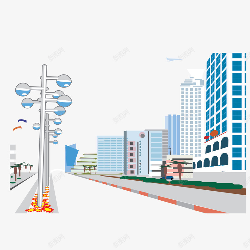 宽阔的道路png免抠素材_新图网 https://ixintu.com 斑马线 森林城市 楼房 路灯 道路 高楼大厦