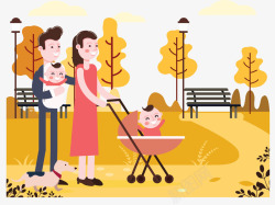 全家一起散步秋季立秋公园散步矢量图高清图片