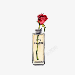 手绘玻璃瓶卡通手绘插在香水瓶里的玫瑰花素高清图片