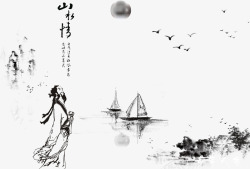 河水小舟中国风水墨画高清图片