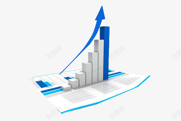 蓝色数据图png免抠素材_新图网 https://ixintu.com 卷轴 柱状数据图 立体 箭头 纸张