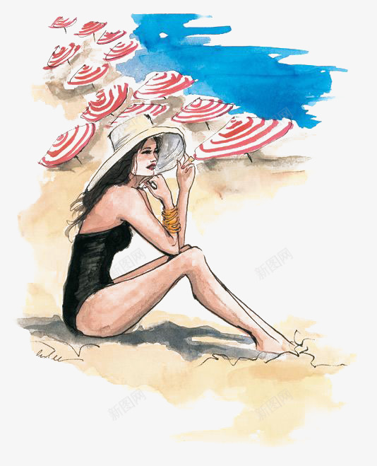 沙滩美女png免抠素材_新图网 https://ixintu.com 卡通 女生 女生海边 手绘 插画 水彩 沙滩 沙滩上的女人