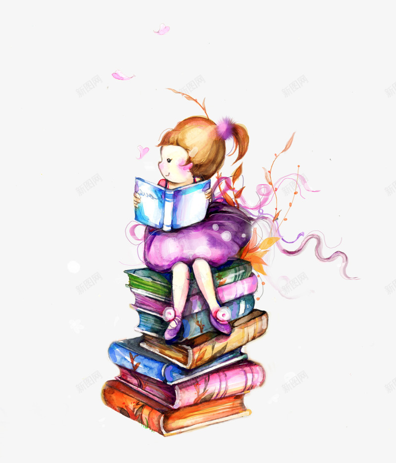 读书的女孩png免抠素材_新图网 https://ixintu.com 书本 卡通 堆积 彩色 水彩画