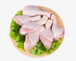 菜叶砧板上的新鲜鸡肉食材高清图片