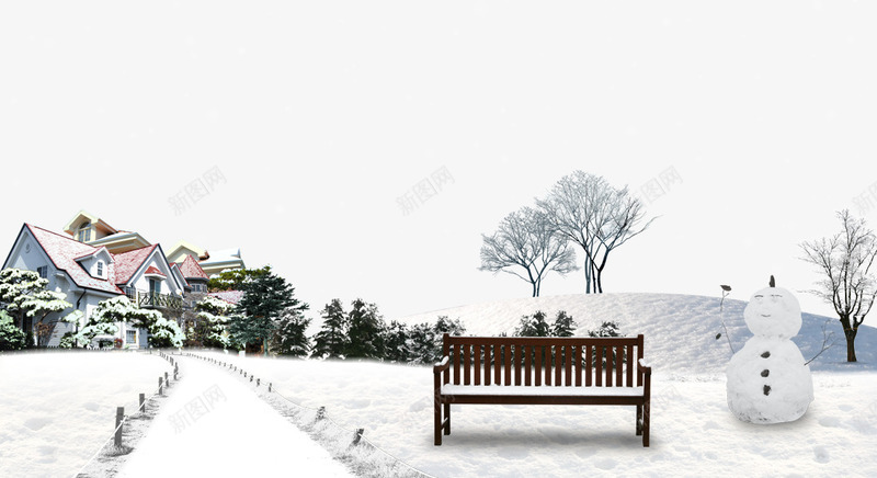 房屋雪地雪人背景png免抠素材_新图网 https://ixintu.com 别墅 积雪 长椅 雪人 雪地 雪景