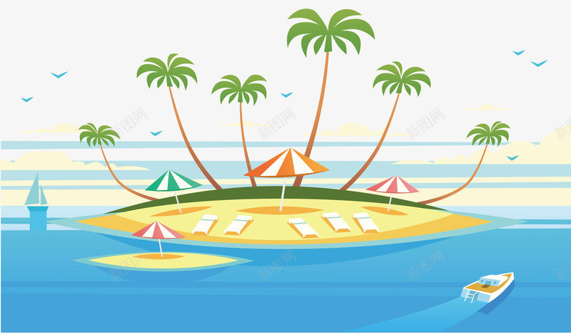 海边椰林png免抠素材_新图网 https://ixintu.com 夏天 夏日旅行 椰林 沙滩 矢量素材 遮阳伞