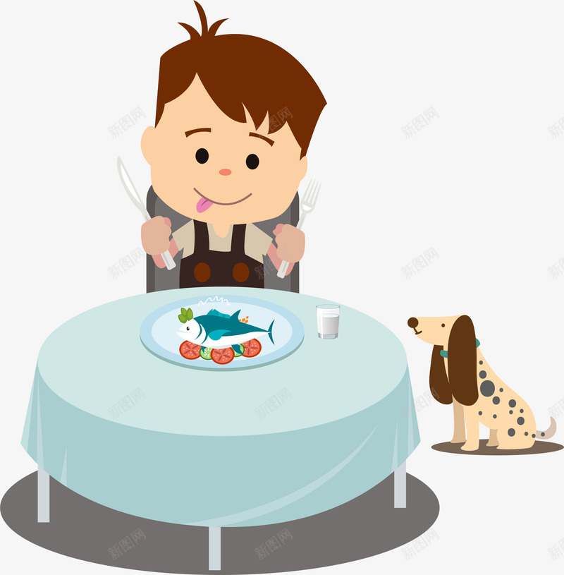 准备享用美味的男孩png免抠素材_新图网 https://ixintu.com 享用美味 可怜的小狗 吃饭的孩子 我也想吃 眼巴巴看着 矢量png 美味晚餐