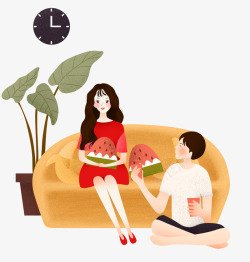 黄色的沙发卡通吃西瓜的情侣高清图片