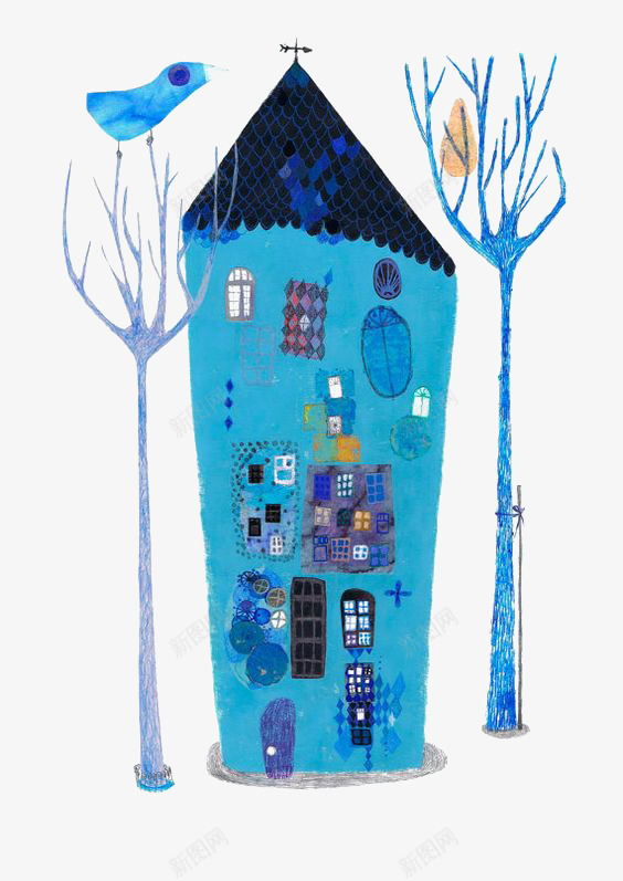 蓝色涂鸦房子png免抠素材_新图网 https://ixintu.com 卡通 房子 手绘 插画 楼房 涂鸦 蓝色