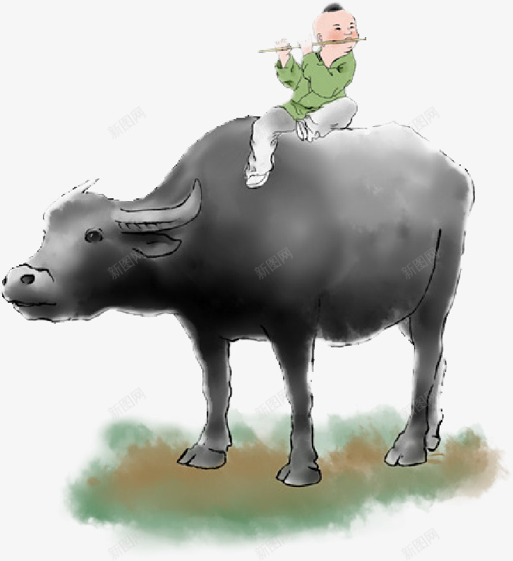 清明骑牛的牧童png免抠素材_新图网 https://ixintu.com 卡通骑牛人物 吹笛 清明 牧童 骑牛
